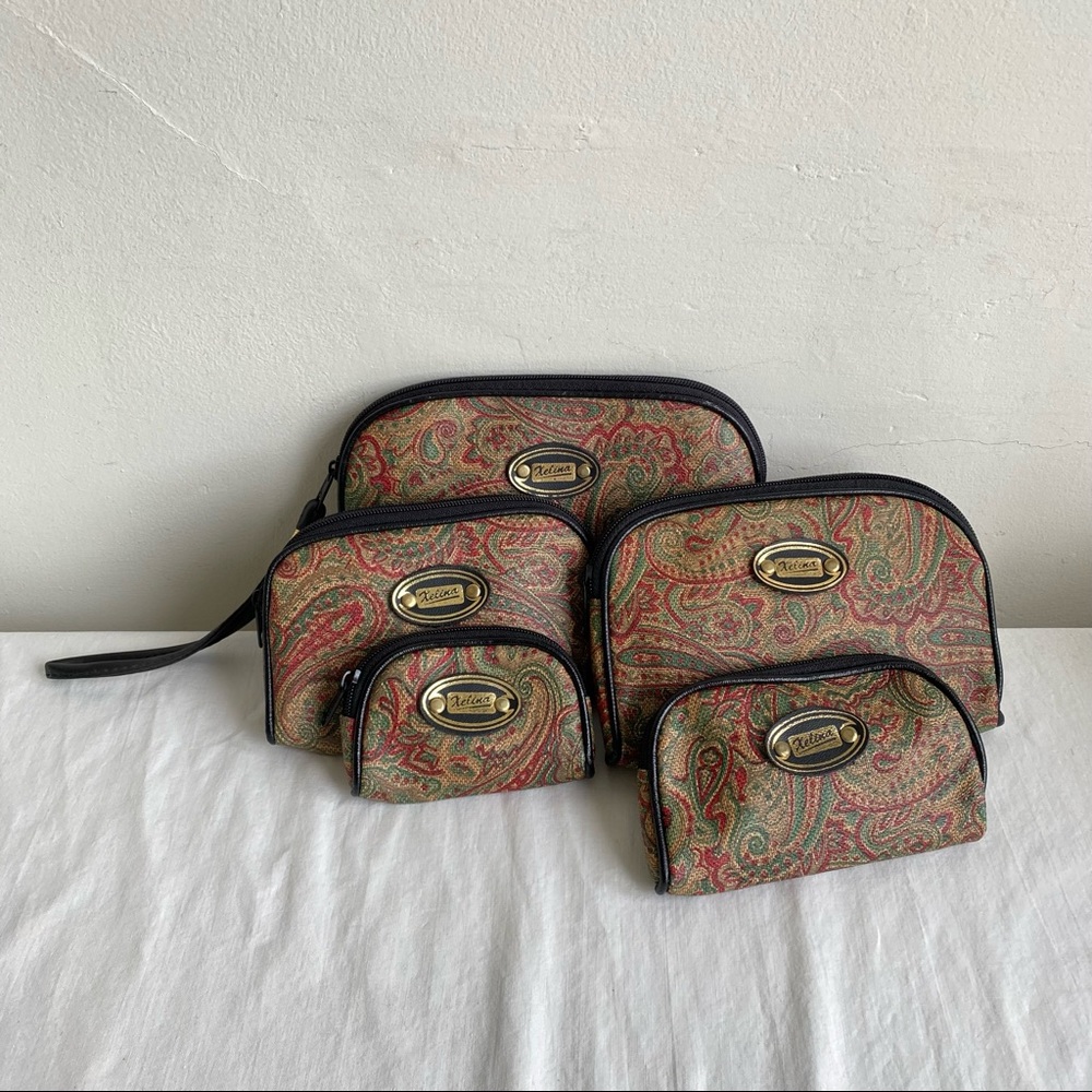 Vintage Xelina Cosmetic Travel Paisley Print Vinyl 5 Bag Set